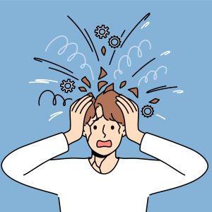 Psychological unbalanced man feels head explode due to excessive worries caused by stress. Overload of thoughts and mental pressure became reason for psychological breakdown or panic attack